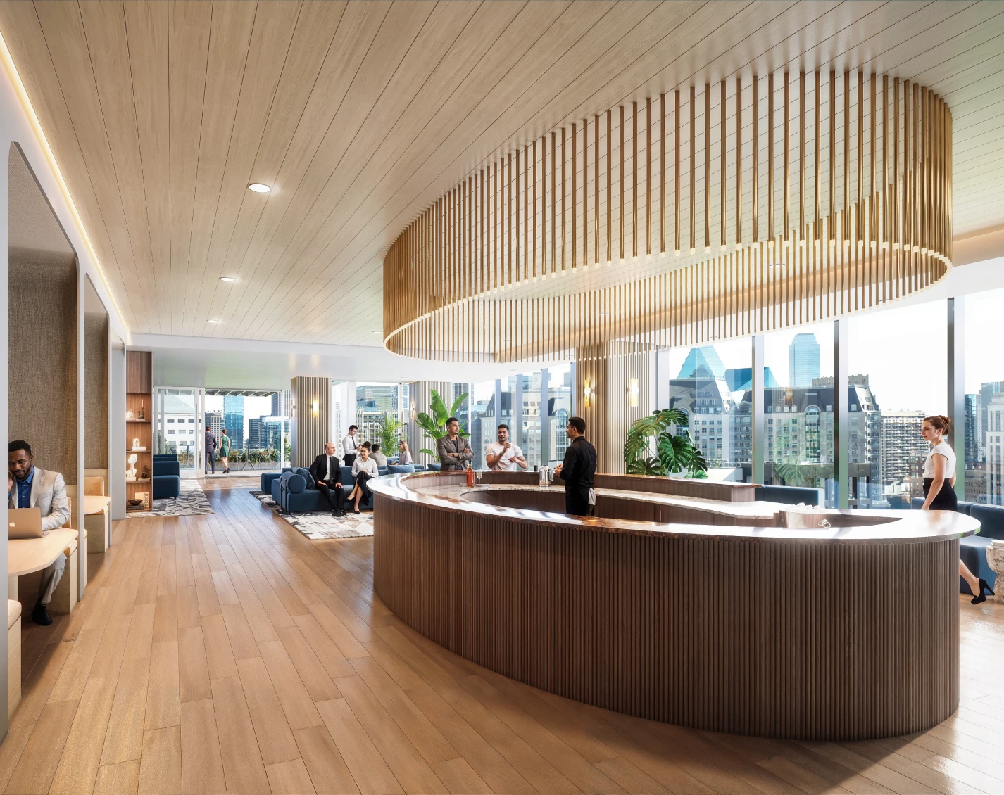 Contemporary office lounge with curved wood reception desk and panoramic downtown views