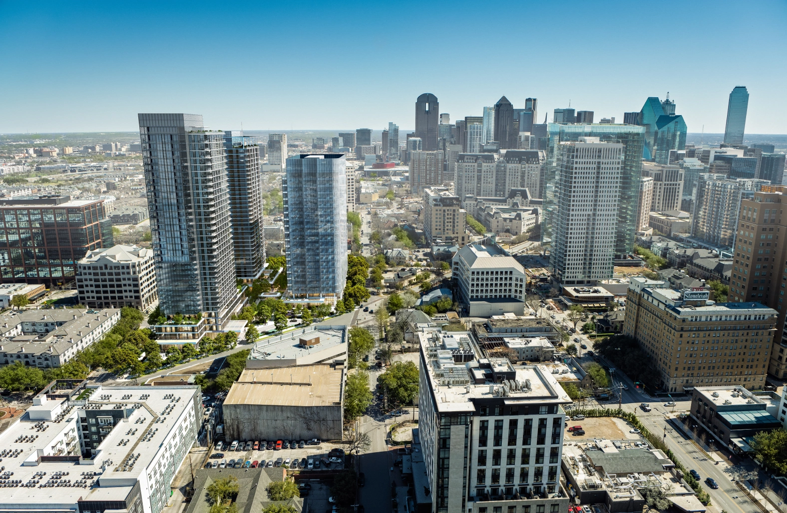 High rise residential and office towers overlooking urban city center