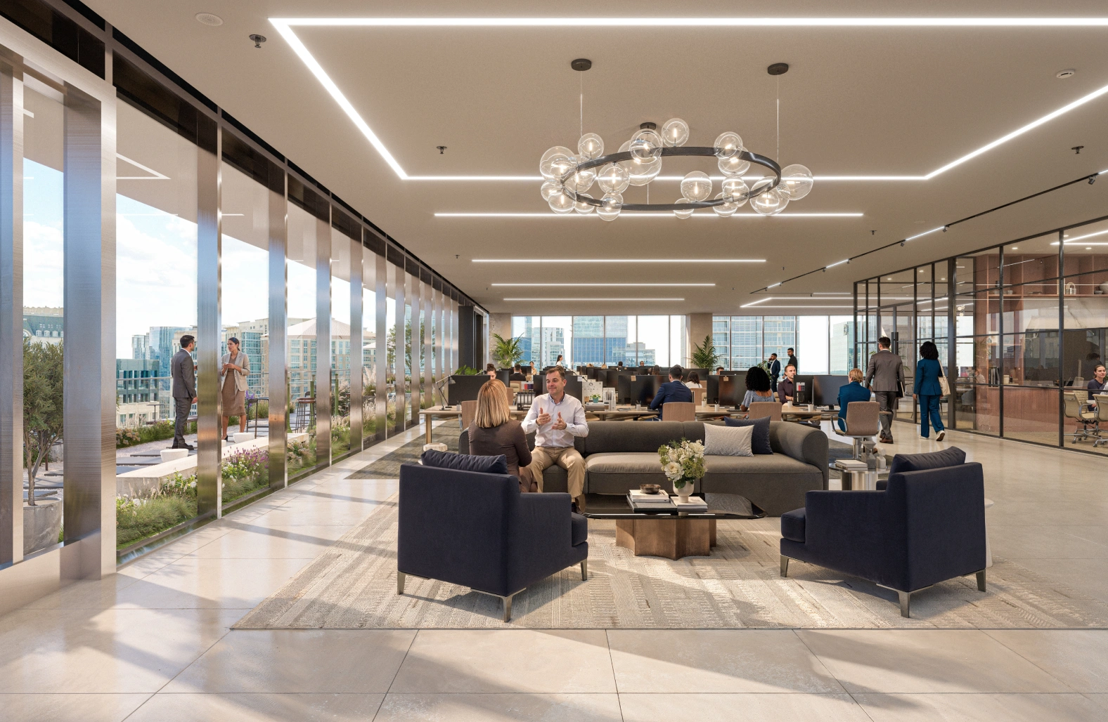 Contemporary corporate office interior featuring collaborative areas and glass walls