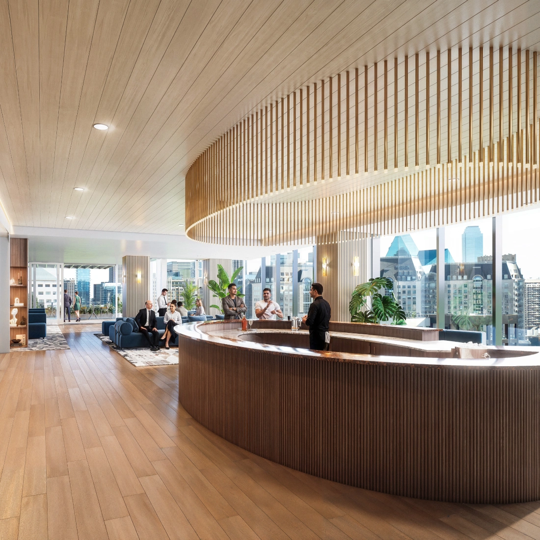 Upscale corporate amenity space featuring wood finishes and panoramic city windows