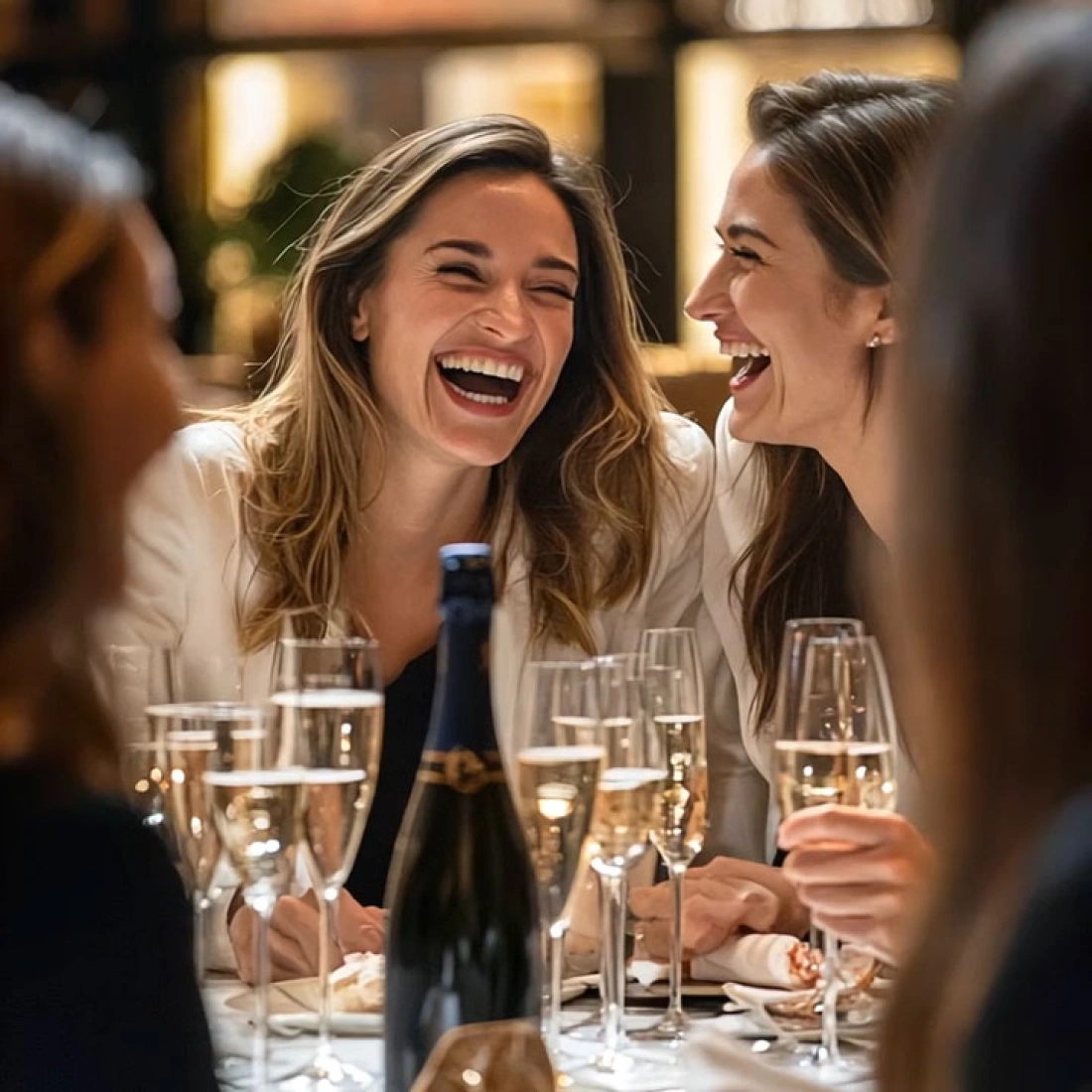 Friends enjoying sparkling wine and lively conversation at elegant dinner gathering