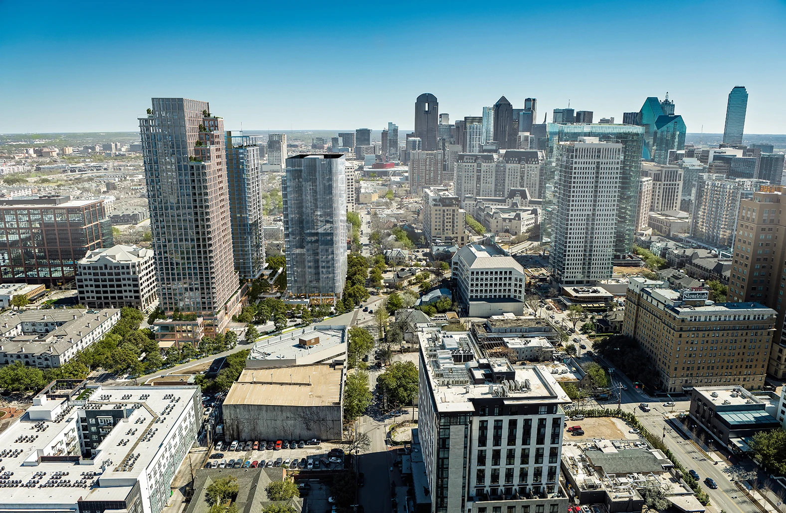 High rise residential and office towers overlooking urban city center